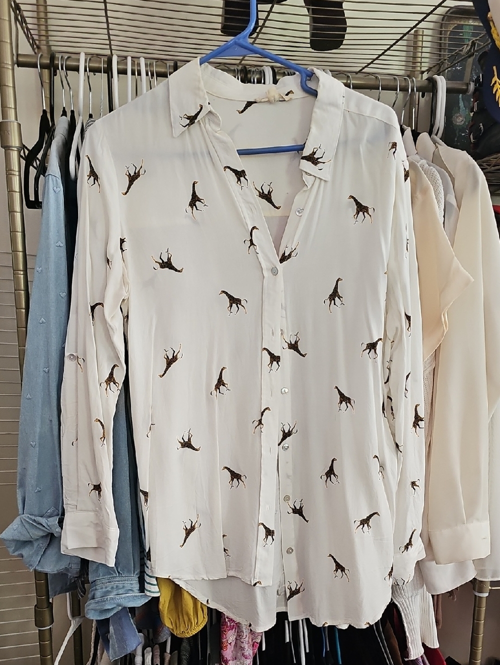 Cream Button-Up Blouse with Brown Giraffe Print